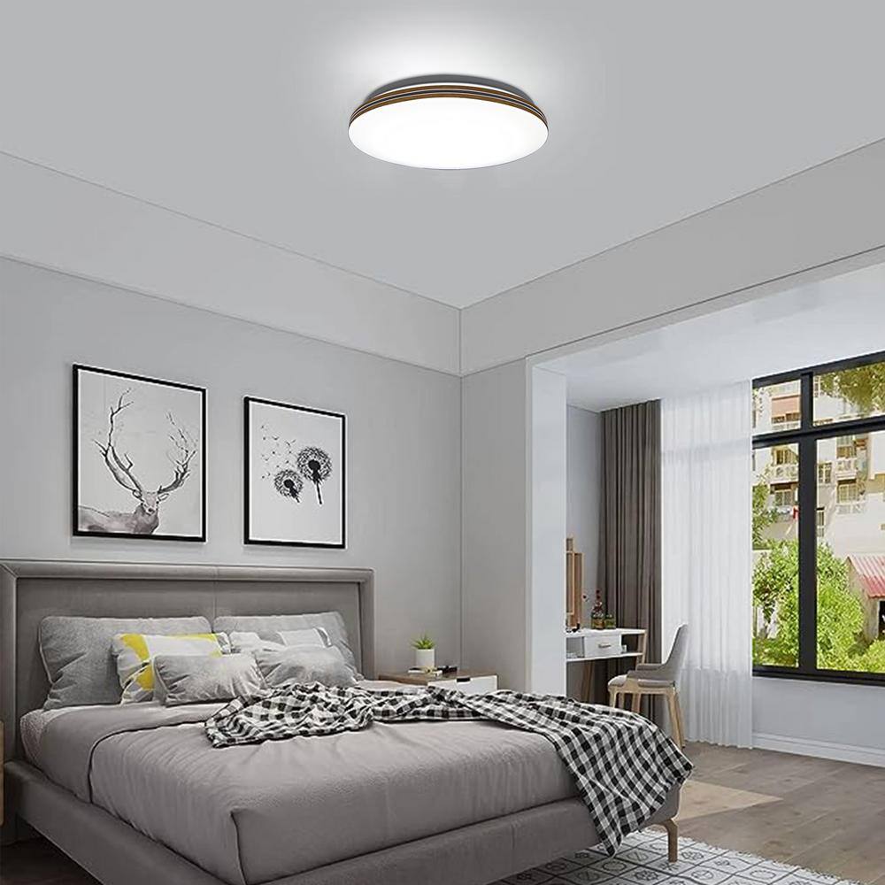 13.2 in. Round White with Faux Wood-Grain Trim Adjustable CCT 3000K/4000K/5000K Dimmable Flush Mount Light Fixture - Hercitys