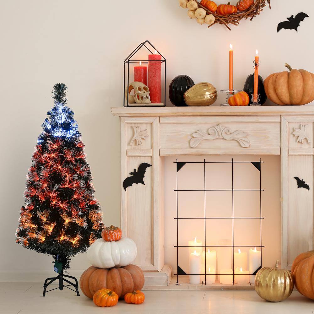4 ft. Black Fiber Optic Artificial Halloween Tree with Candy Corn Color Lights, 8 Functions - Hercitys