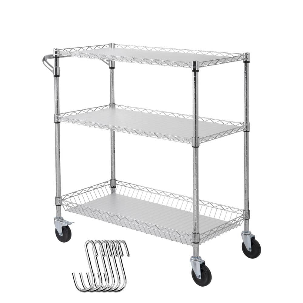 3-Tier Rolling Kitchen Cart, 661LB. Capacity, Steel Storage Trolley, Metal Service Cart with 80mm Basket - Hercitys
