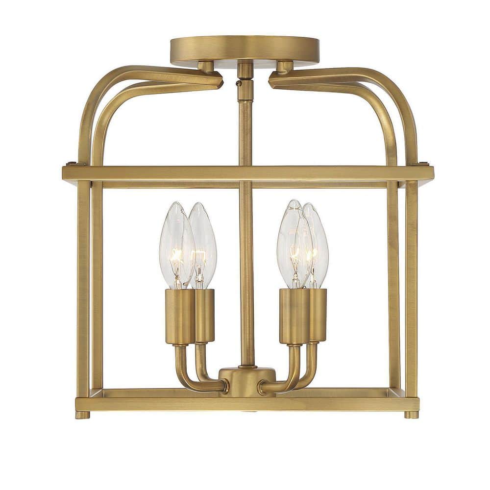 12 in. W x 12.5 in. H 4-Light Natural Brass Semi- Flush Mount Ceiling Light with Metal Cage Frame - Hercitys