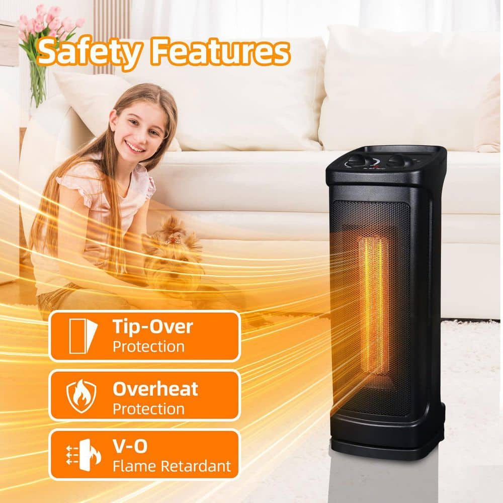 1500W Electric Indoor Tower Compact Ceramic Fan, 17.09 in. Space Heater with Overheat and Tip Over Safety Shutoff - Hercitys