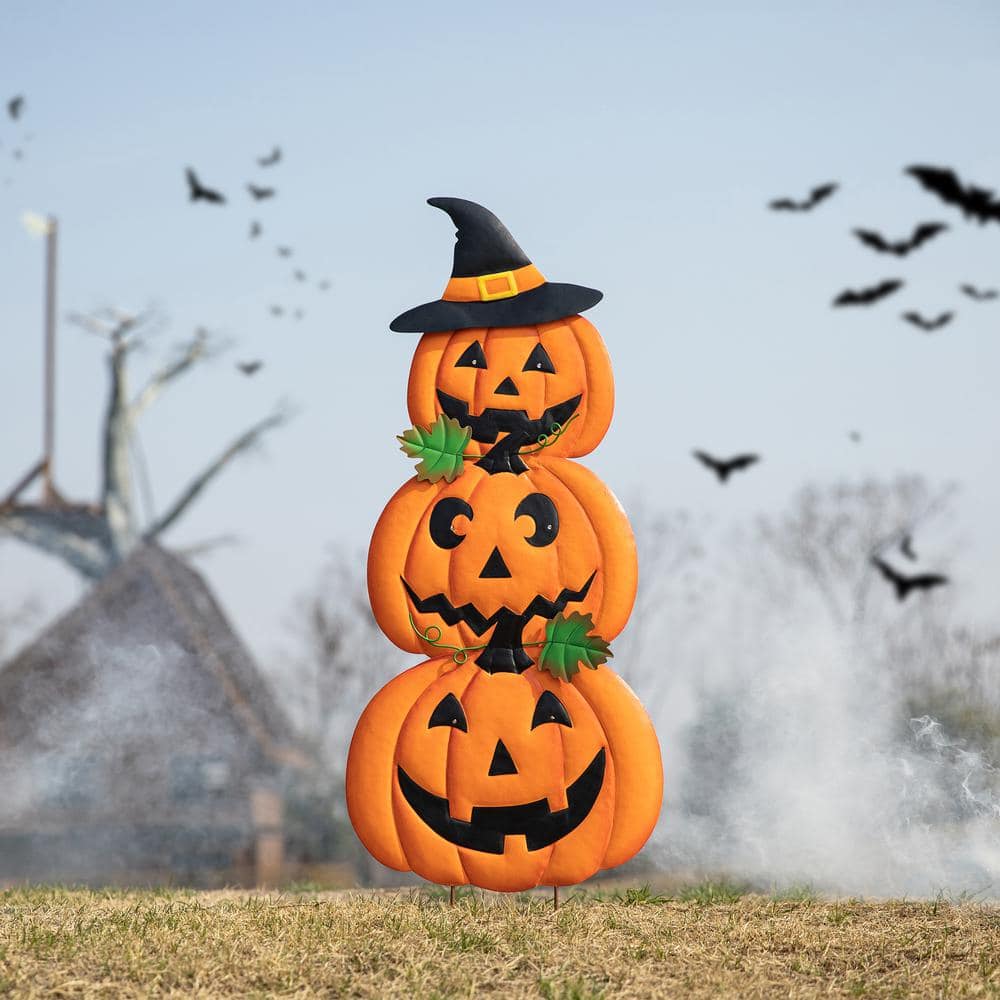 39.75 in. H Halloween Lighted Metal Stacked Jack-O-Lantern Yard Stake or Hanging Decor (Set of 3) - Hercitys
