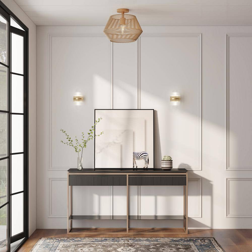 16 in. 1-Light Cream Small Semi-Flush Mount Ceiling Light with natural Simple Hand Weaved shade - Hercitys