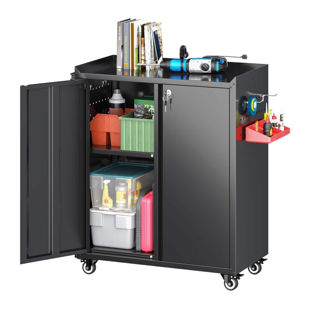 30 in. W x 35.5 in. H x 18 in. D Metal Freestanding Cabinet with Shelf, Pegboard, Side Push Handle in Black - Hercitys