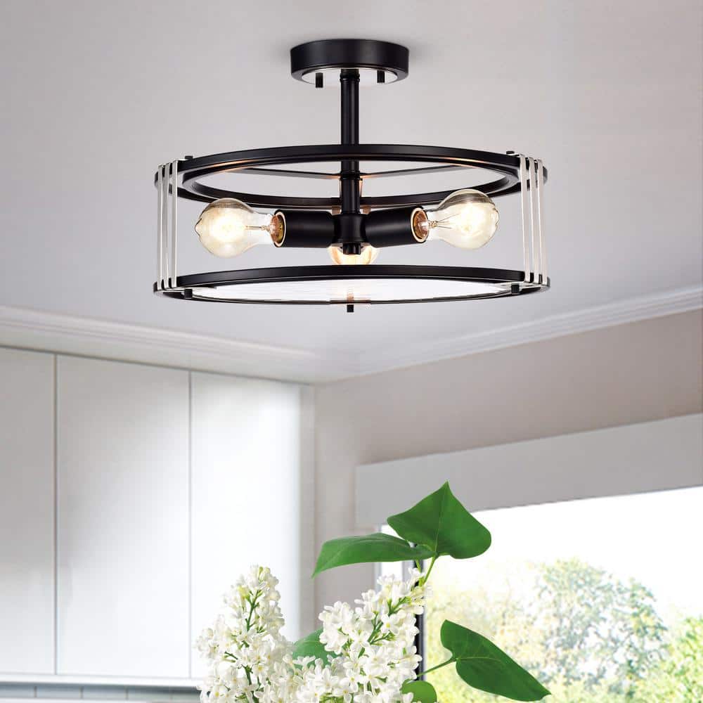 16 in. 3-Light Black and Brushed Nickel Round Semi Flush Mount with Verre Strie Glass - Hercitys