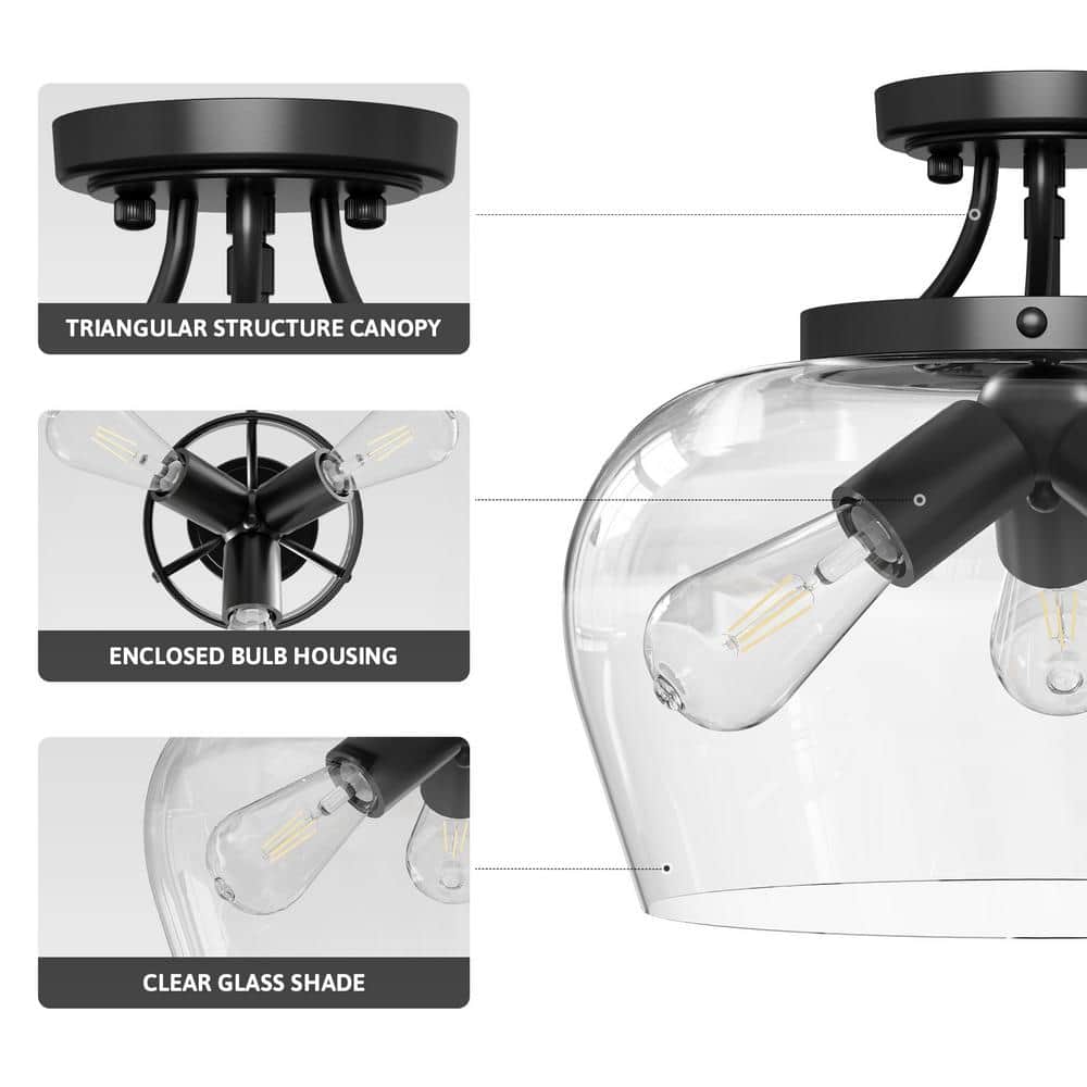 14 in. 3-Light Matte Black Semi-Flush Mount with Clear Glass Shade - Hercitys