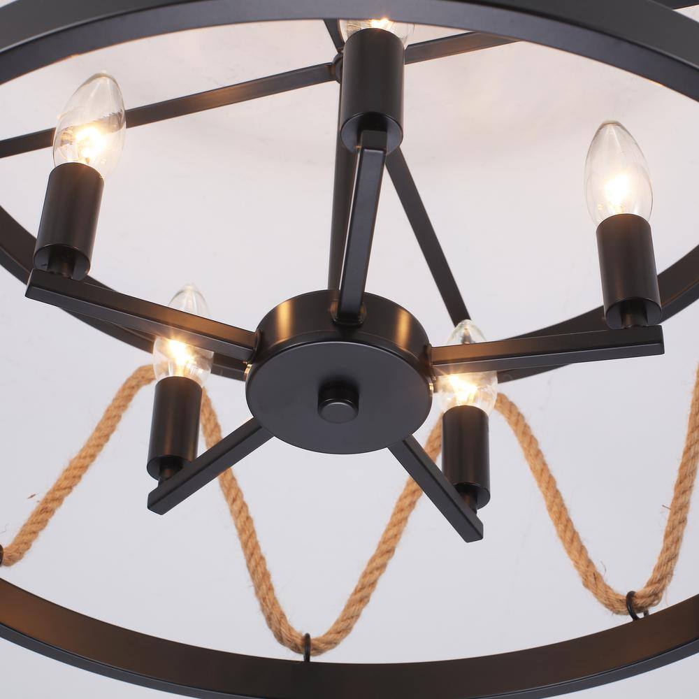 19.68 in. 5-Light Black Drum Metal Hemp Rope Semi-Flush Mount Light，No Bulbs Included - Hercitys