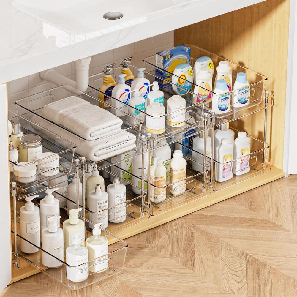 4 Pack 2 Tier Clear Under Sink Bathroom Organizer Vanity Countertop Storage Container with Pull-Out Drawers - Hercitys