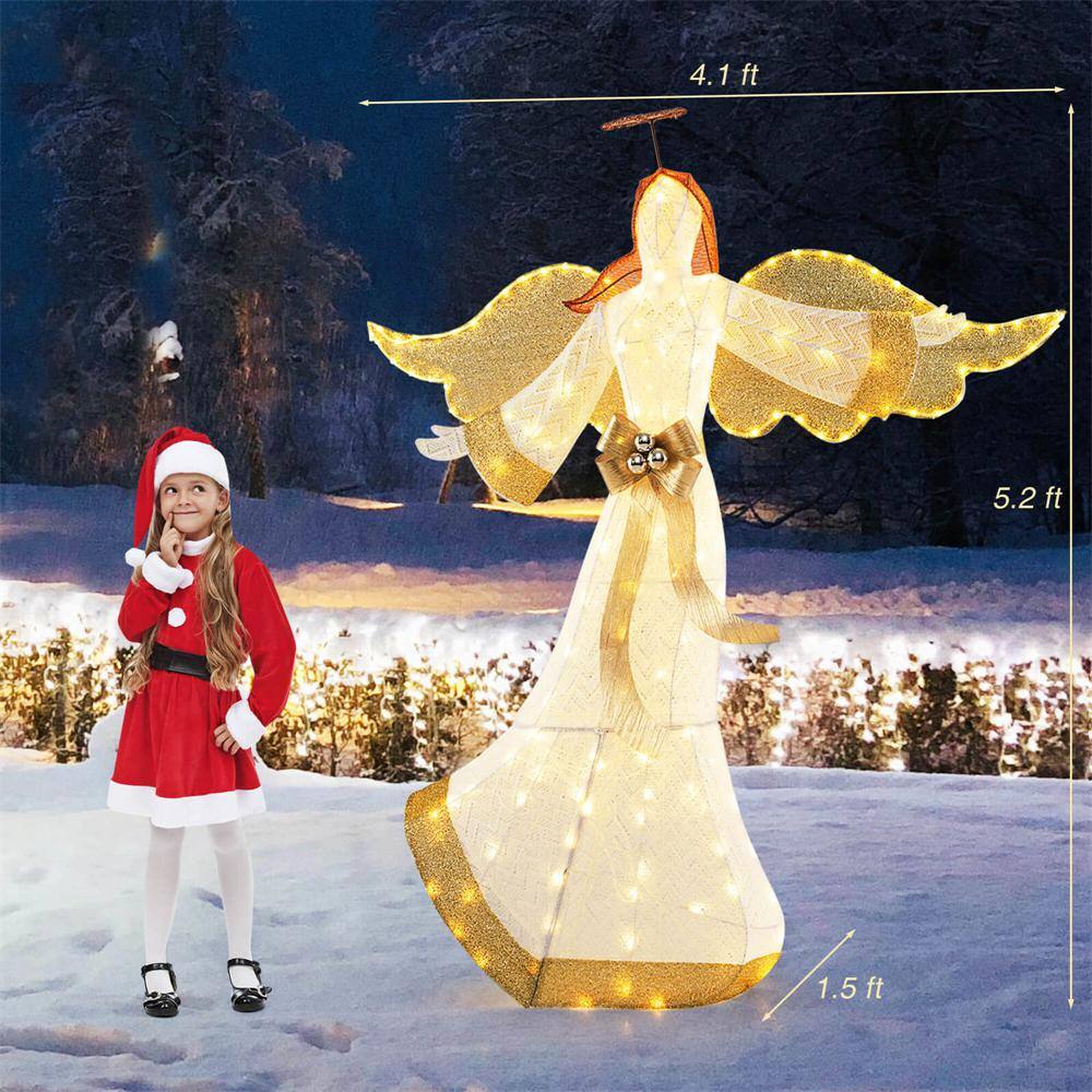 5.2 ft. White Fabric Christmas Lighted Angel with Halo & Bow Zip Ties and Ground Stakes 180 LED Lights - Hercitys