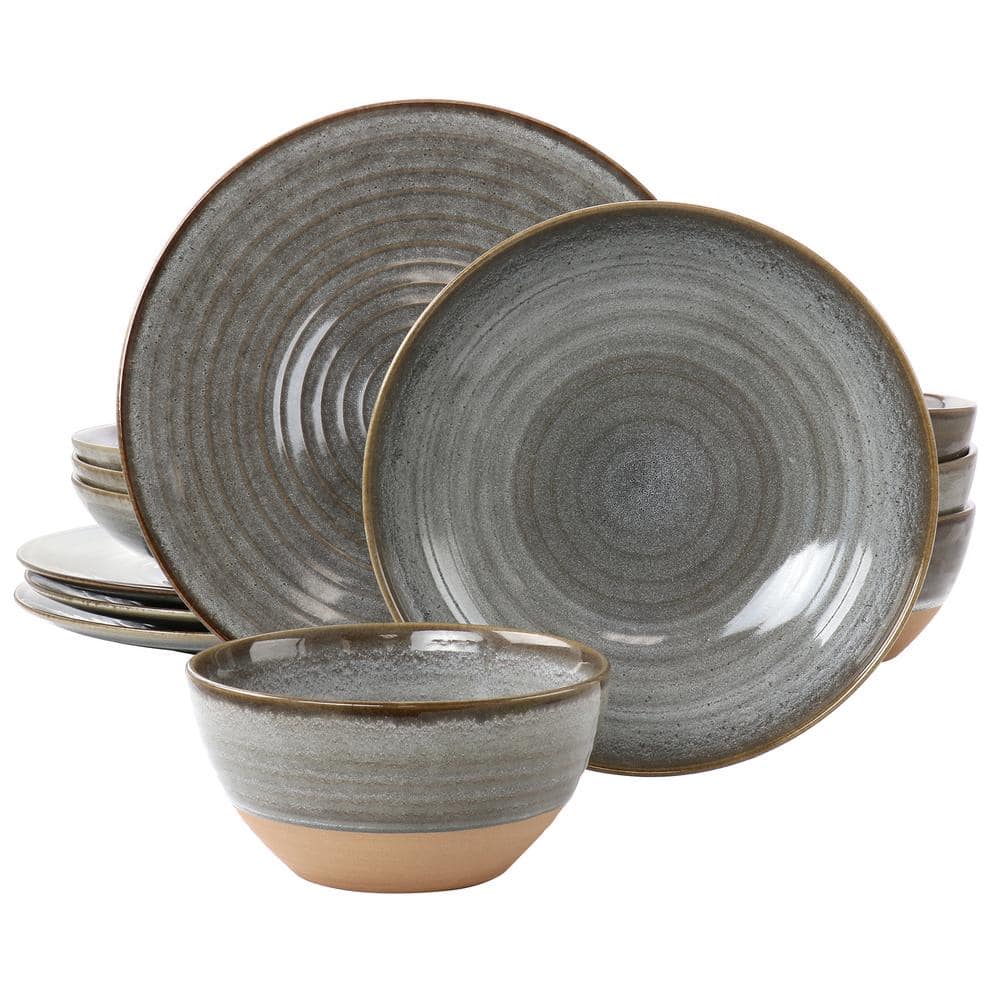 (12 Piece) Dreamweaver Round Earthenware Dinnerware Set in Gray - Hercitys
