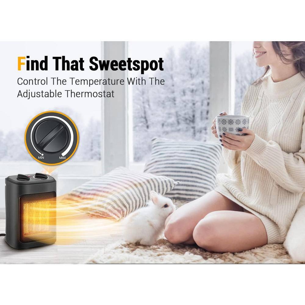 1500 W 9.09 in. Black Portable Electric Compact Ceramic Space Heater with Adjustable Thermostat and Fan Modes - Hercitys