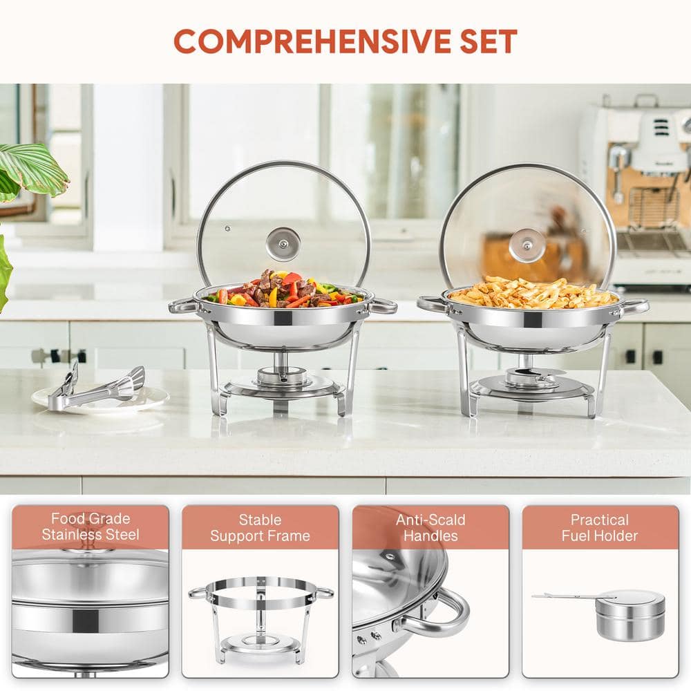2-Pack 5 qt. Stainless Steel Round Chafing Dishes Buffet Set with Glass Lid Holder - Hercitys