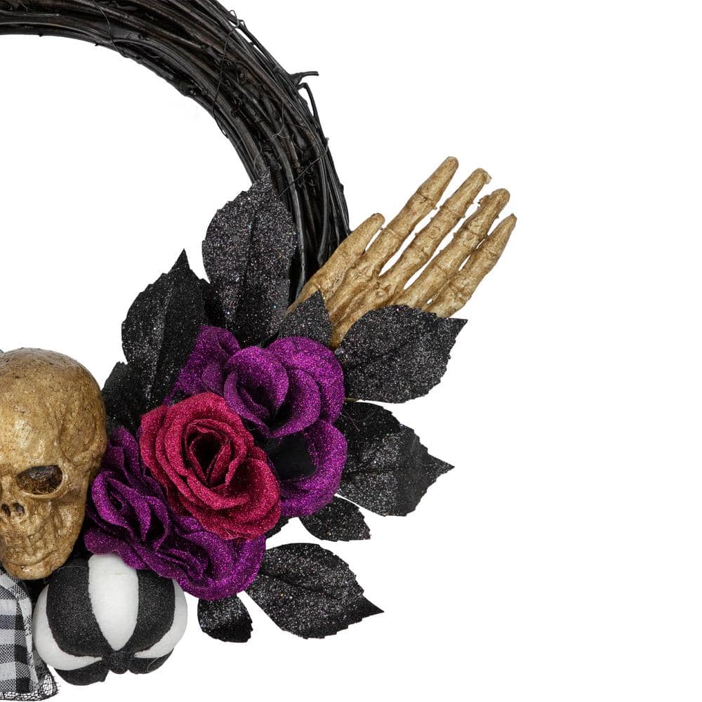22- Inch Skull with Hands and Purple Roses Unlit Twig Halloween Wreath - Hercitys