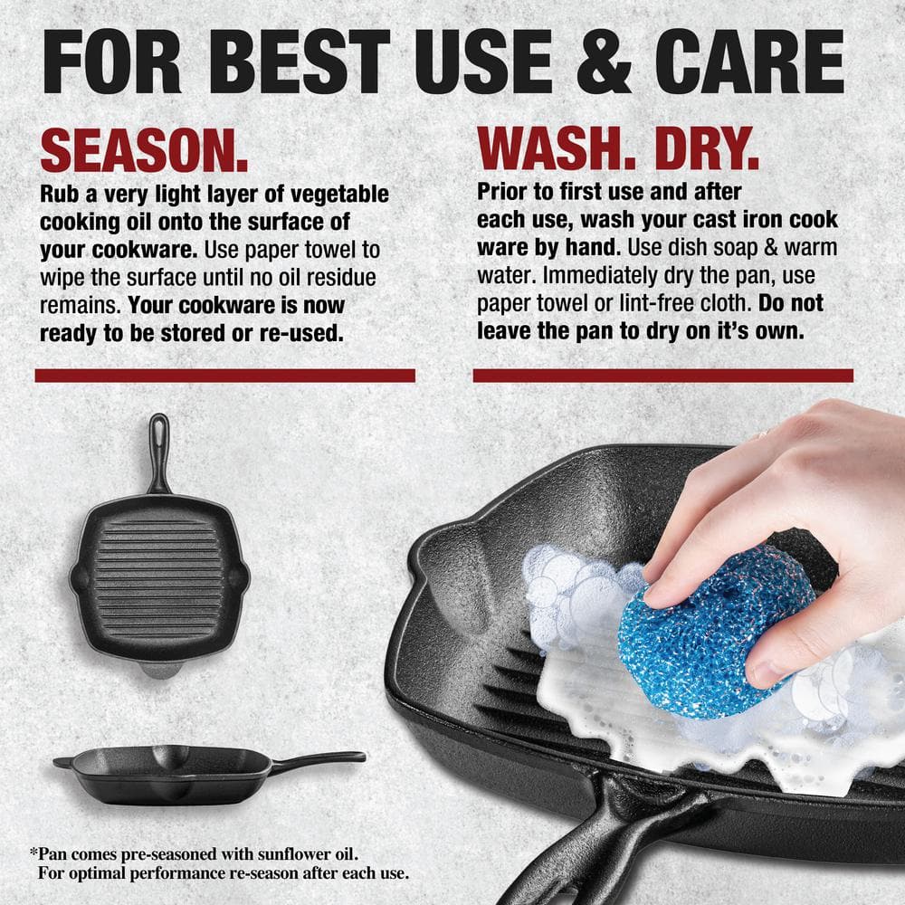 10.25 inch Pre-Seasoned Cast Iron Square Grill Pan - Hercitys