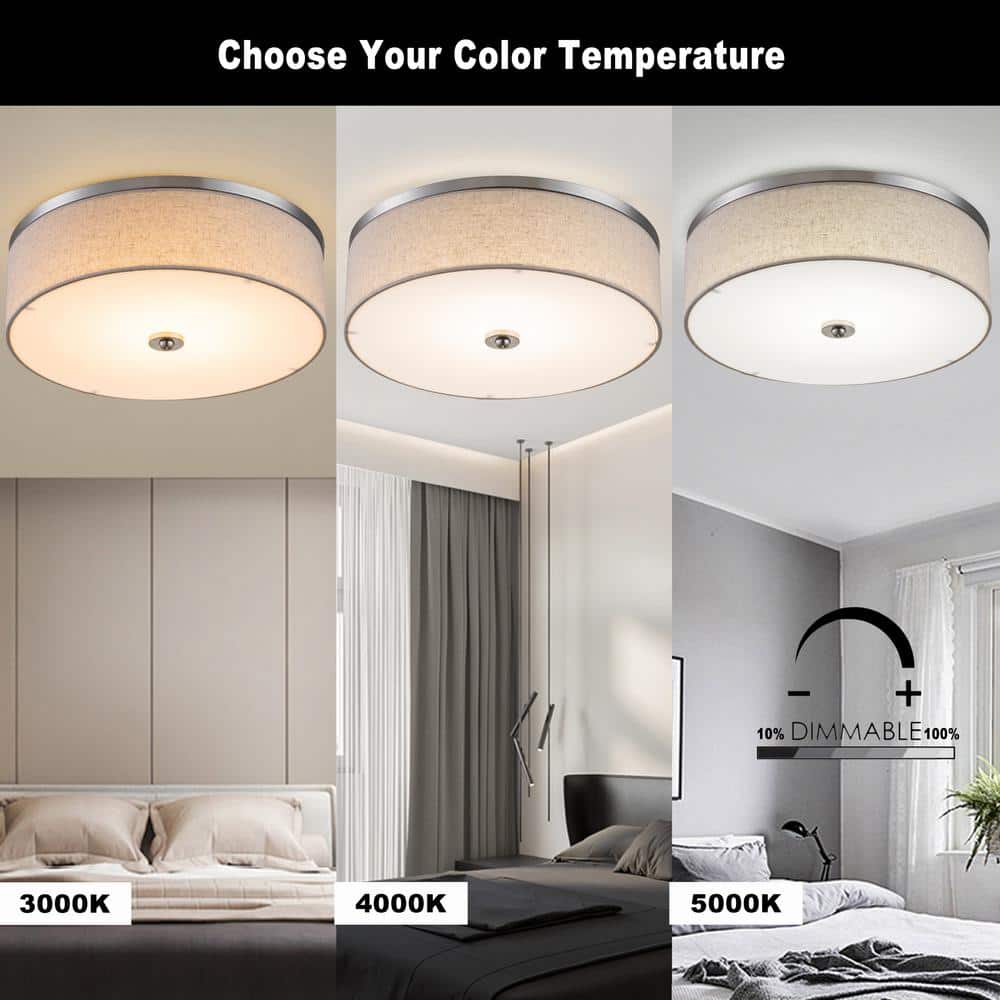 15 in. Brushed Nickel Dimmable 23-Watt Selectable LED Flush Mount Ceiling Light 3000K/4000K/5000K with Fabric Shade - Hercitys
