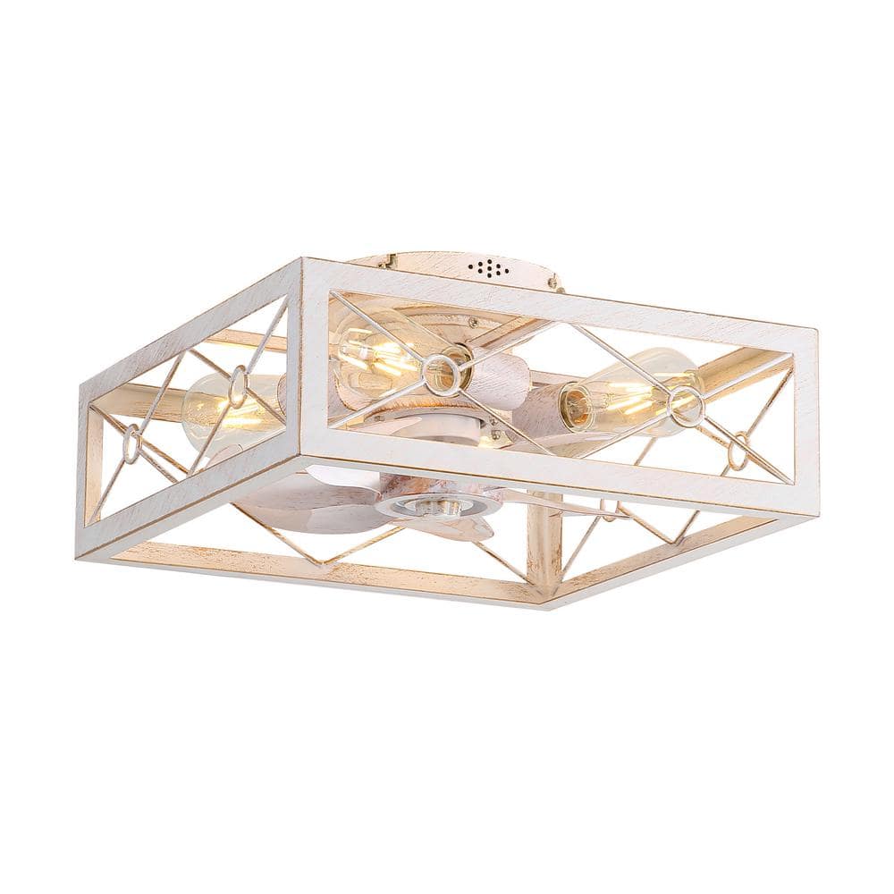 16 in. Indoor 4-Light Gold in White Low Profile Hugger Unique Square Ceiling Fan with Light Kit with Remote Included - Hercitys