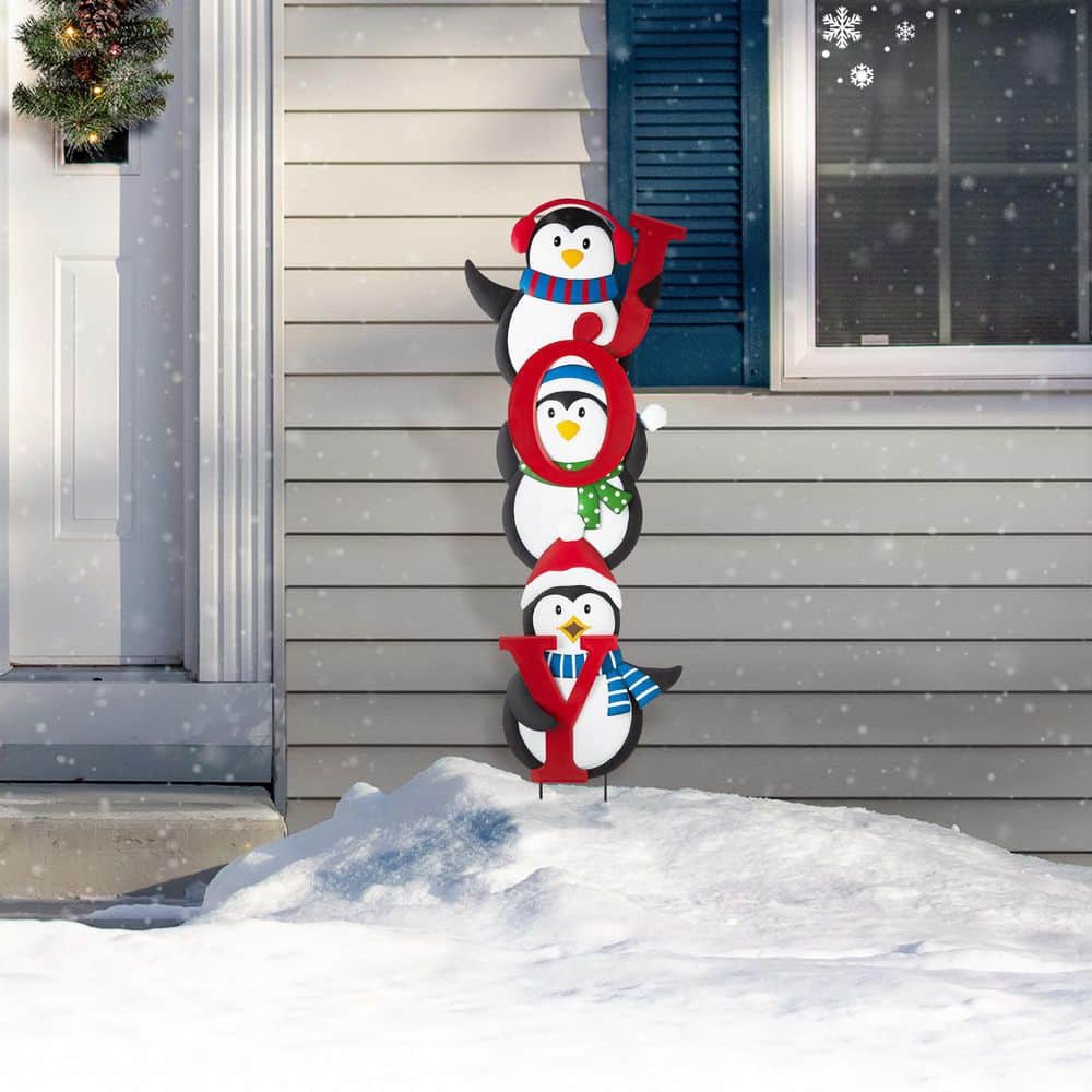 42 in. H Metal JOY Penguin Yard Stake or Wall Decor (KD, 2 Function) - Hercitys