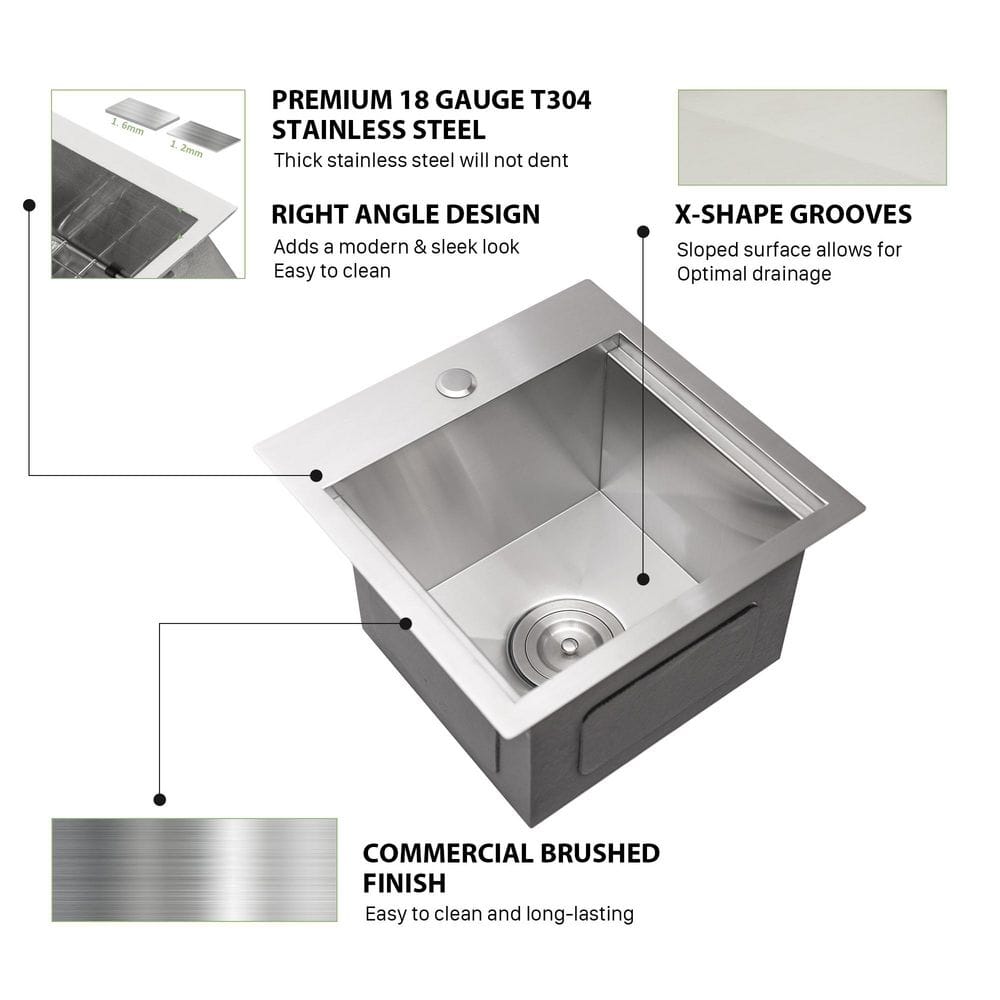 15 in. 16-Guage Stainless Steel 15 x 15 in. Single Bowl Drop-In Kitchen Bar Sink - Hercitys