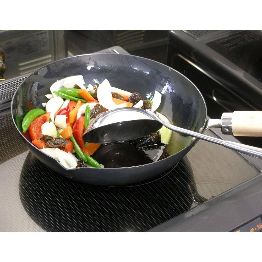 5.7 in. D x 10.2 in. Induction Compatible Iron Wok Frying Pan, Nitride Treated, Wood Handle - Hercitys