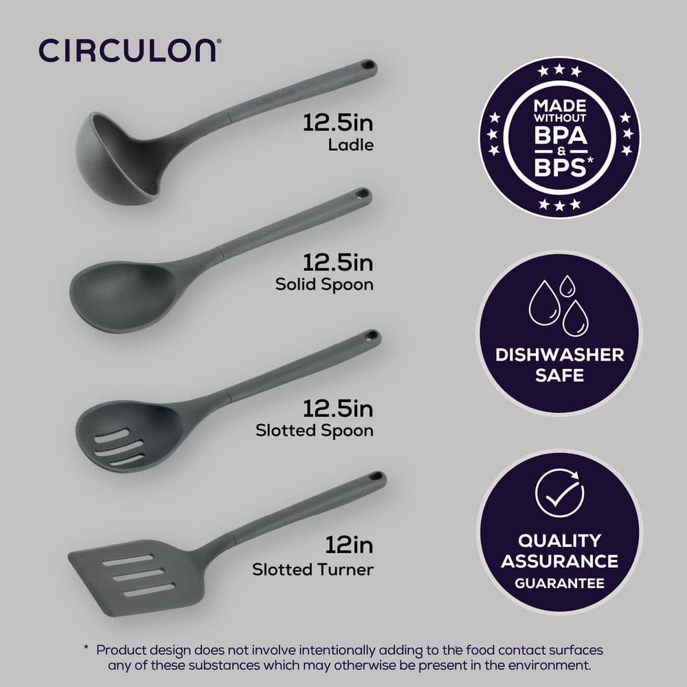 4-Piece Silicone Cooking and Kitchen Tools Set with Ladle Solid Spoon Slotted Spoon and Slotted Turner Gray - Hercitys