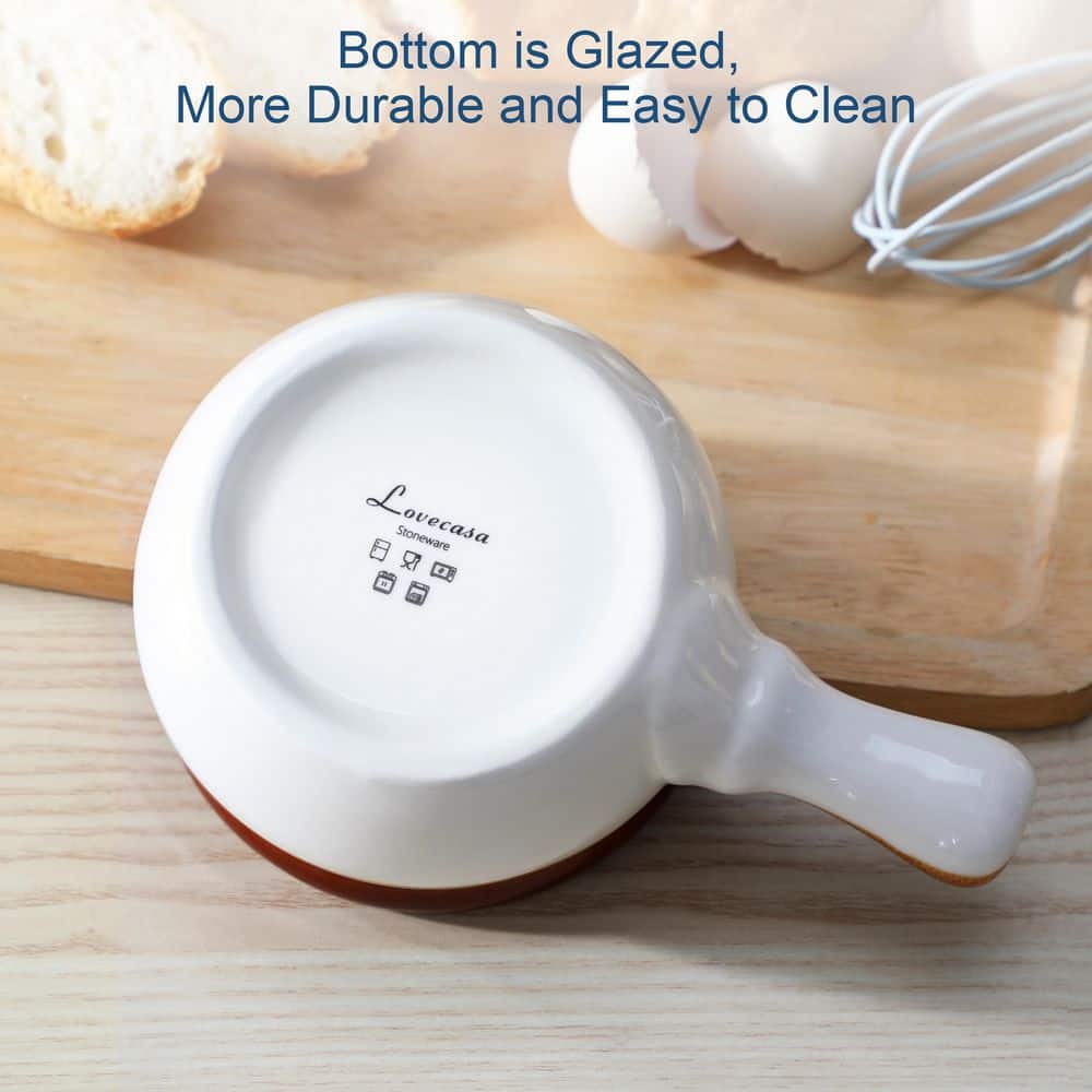 16 fl. oz. Brown and White Stoneware French Onion Soup Bowls Set of 4 Small Serving Bowls with Lid and Handle - Hercitys