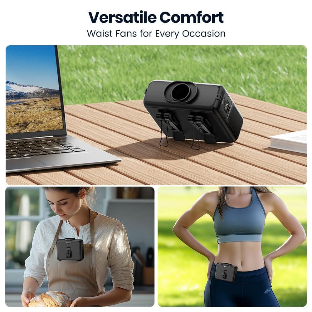 2 in. 4-Speeds Personal Fan in Black, 20000mAh Rechargeable Clip On Belt Fan with LED Light, 16000 RPM - Hercitys