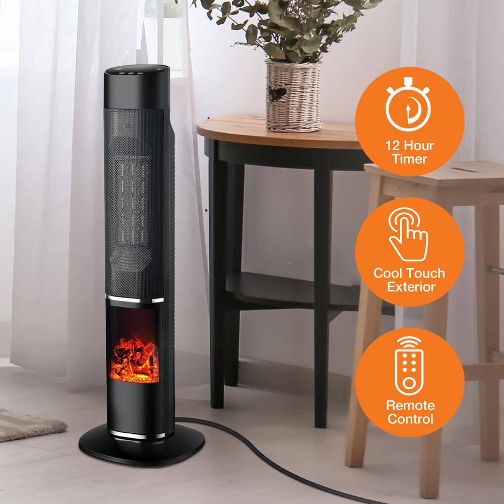 31-in. 1500-Watt Electric Radiant Infrared Tower Space Heater with Flame Feature in Black - Hercitys