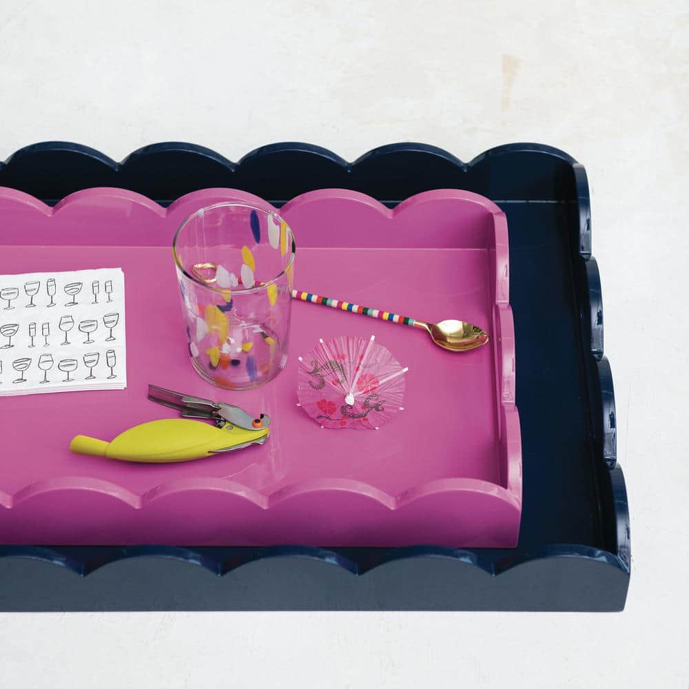 20.5 in. W x 2.6 in. H x 20.5 in. D Rectangle Wood Navy Blue Lacquered Scalloped Tray Serving Tray with Handles - Hercitys