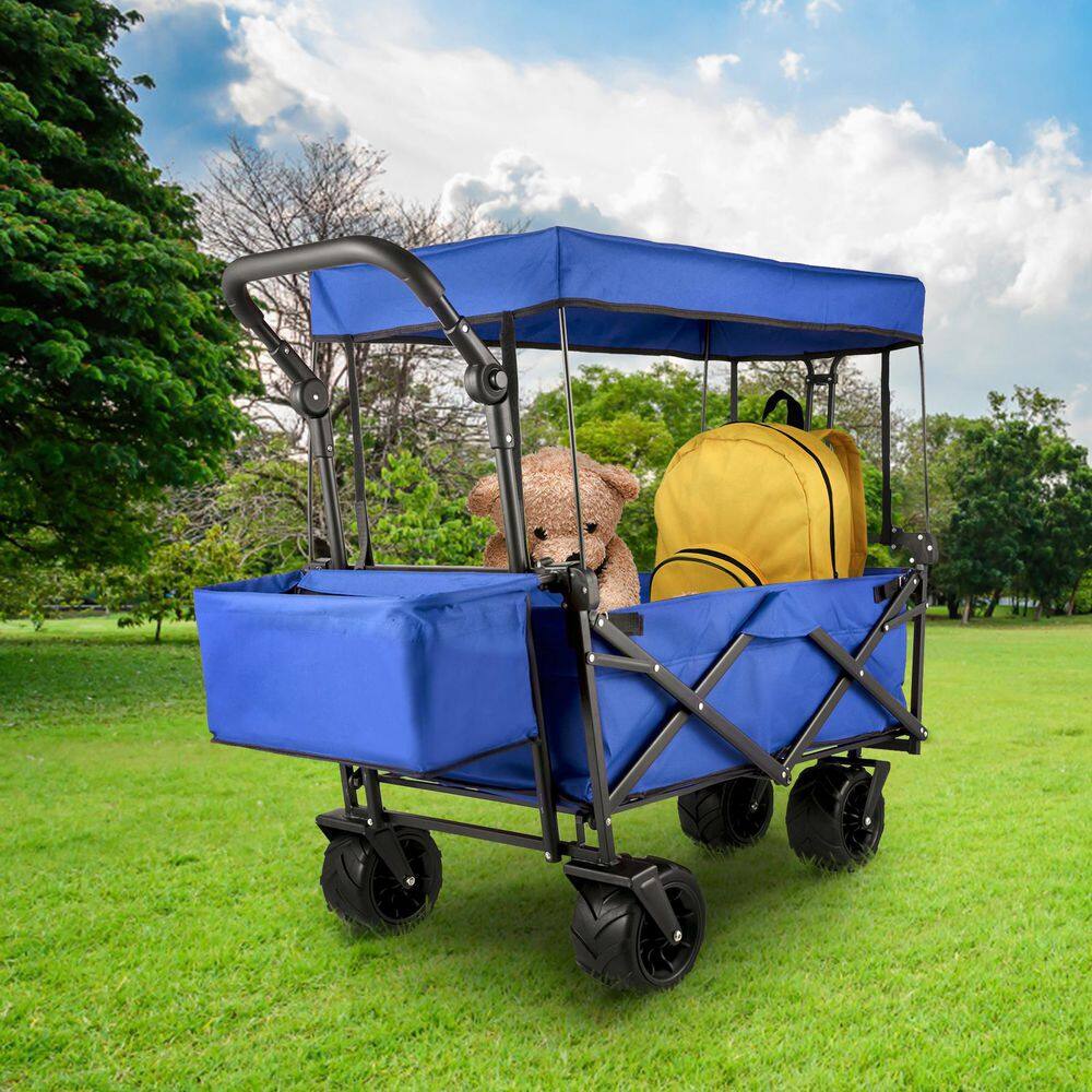 3 cu. ft. Extra Large Collapsible Garden Cart with Removable Canopy, Steel, Garden Cart Blue - Hercitys