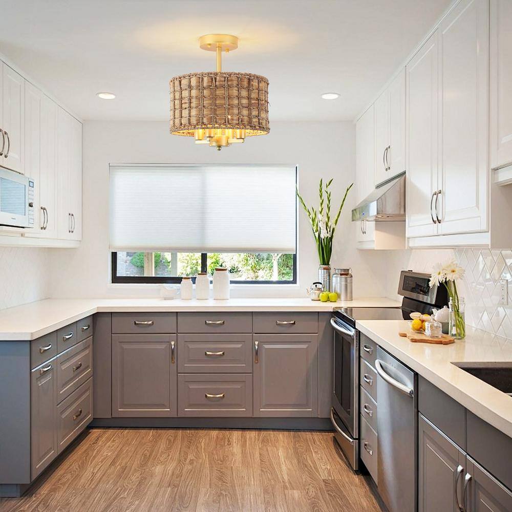 11.81 in. 4-Light Gold Drum Natural Rattan Seagrass Semi Flush Mount Ceiling Light Fixtures with No Bulbs Included - Hercitys