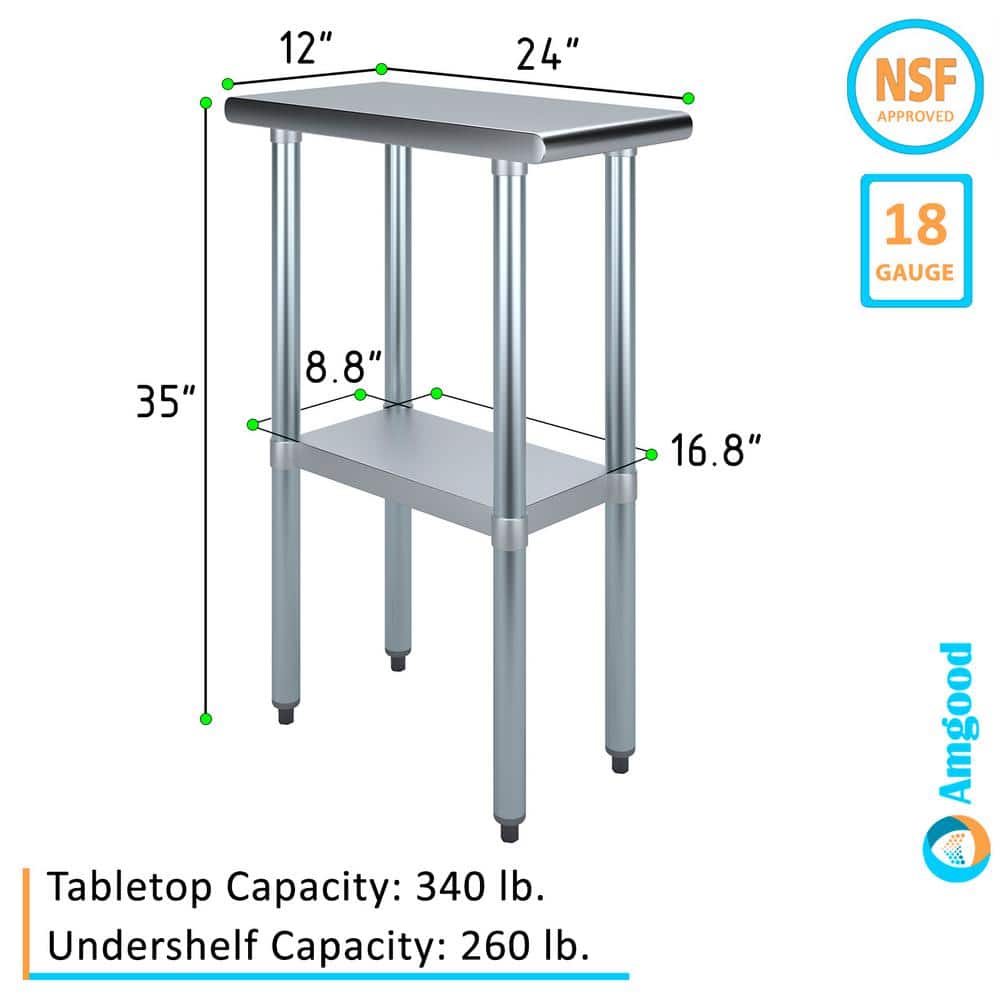 24 in. x 12 in. Stainless Steel Kitchen Utility Table with Adjustable Bottom Shelf - Hercitys