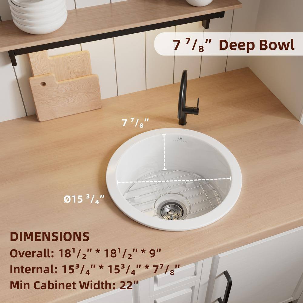 18 in. White Kitchen Sink Undermount, Compact Round Single Bowl Fireclay Basin, Includes Grid and Drain Strainer - Hercitys