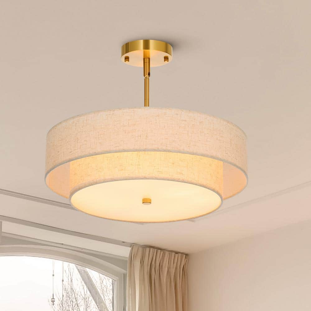 18 in. 4-Light Antique Brass Semi-Flush Mount Ceiling Light Fixture Drum Pendant Light with 2-Layer Fabric Shade - Hercitys