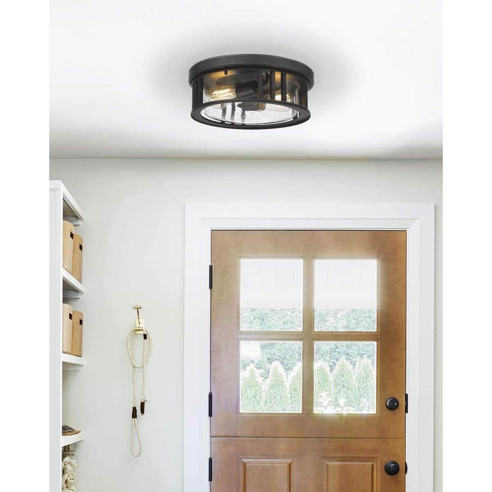 13 in. 2-Light Black Finish with Seeded Glass Flush Mount Ceiling Light - Hercitys