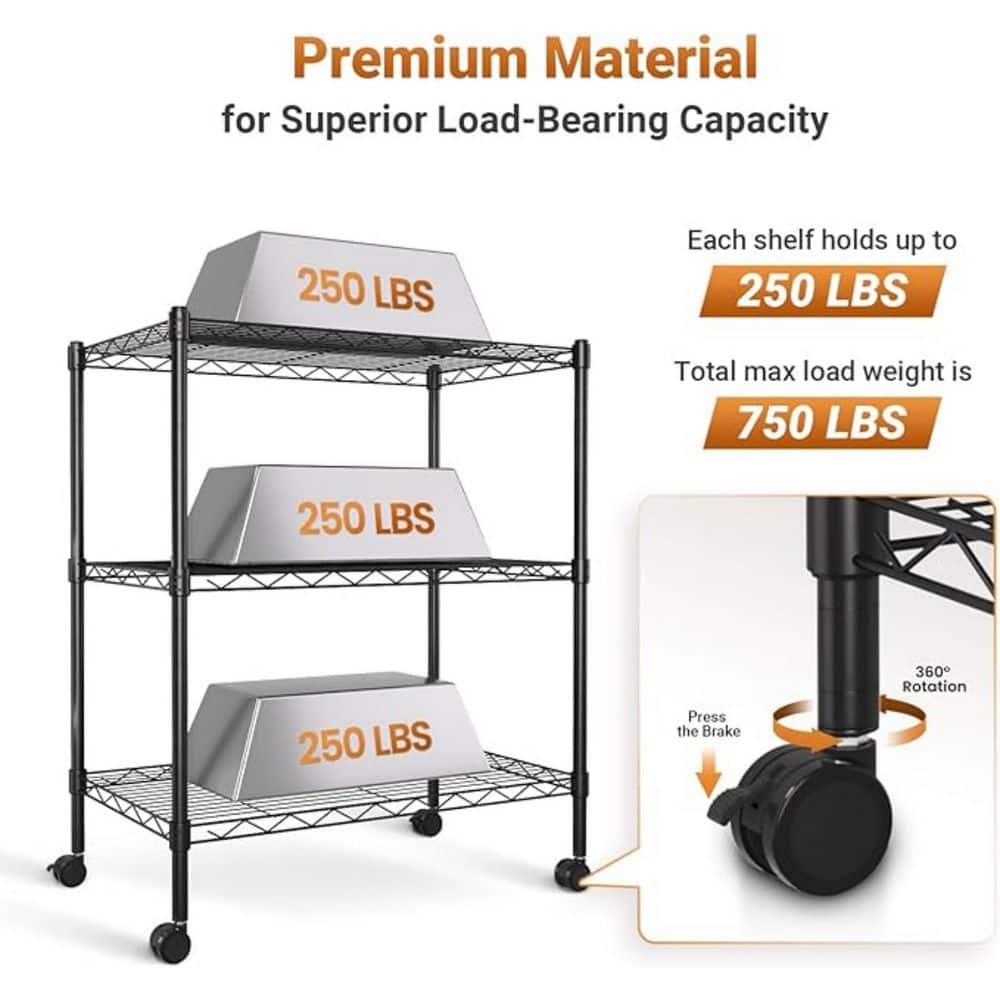 3-Tier Heavy Duty Storage Shelves 750 lb. Capacity, Shelving Unit for Pantry, Garage, Laundry and Kitchen, Black - Hercitys