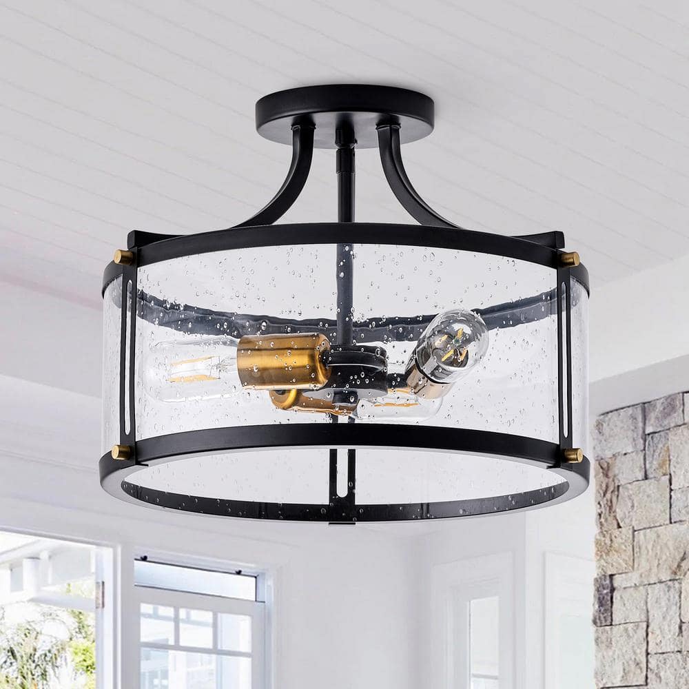 15.7 in. 3-Light Industrial Black Semi-Flush Mount Ceiling Light with Seeded Glass Shade - Hercitys