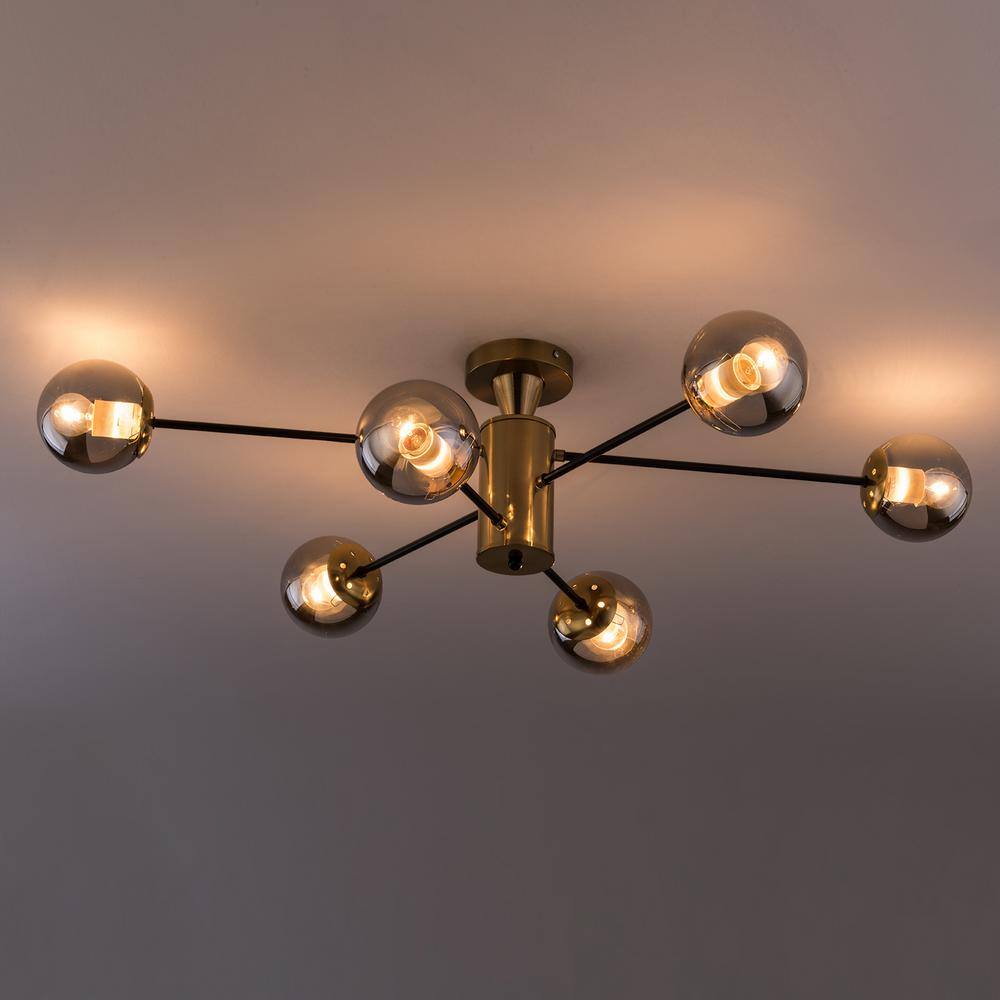 38.1 in. 6-Light Gold Modern Sputnik Semi-Flush Mount Ceiling Light with Smoky Grey Glass Shade, No Bulbs Included - Hercitys