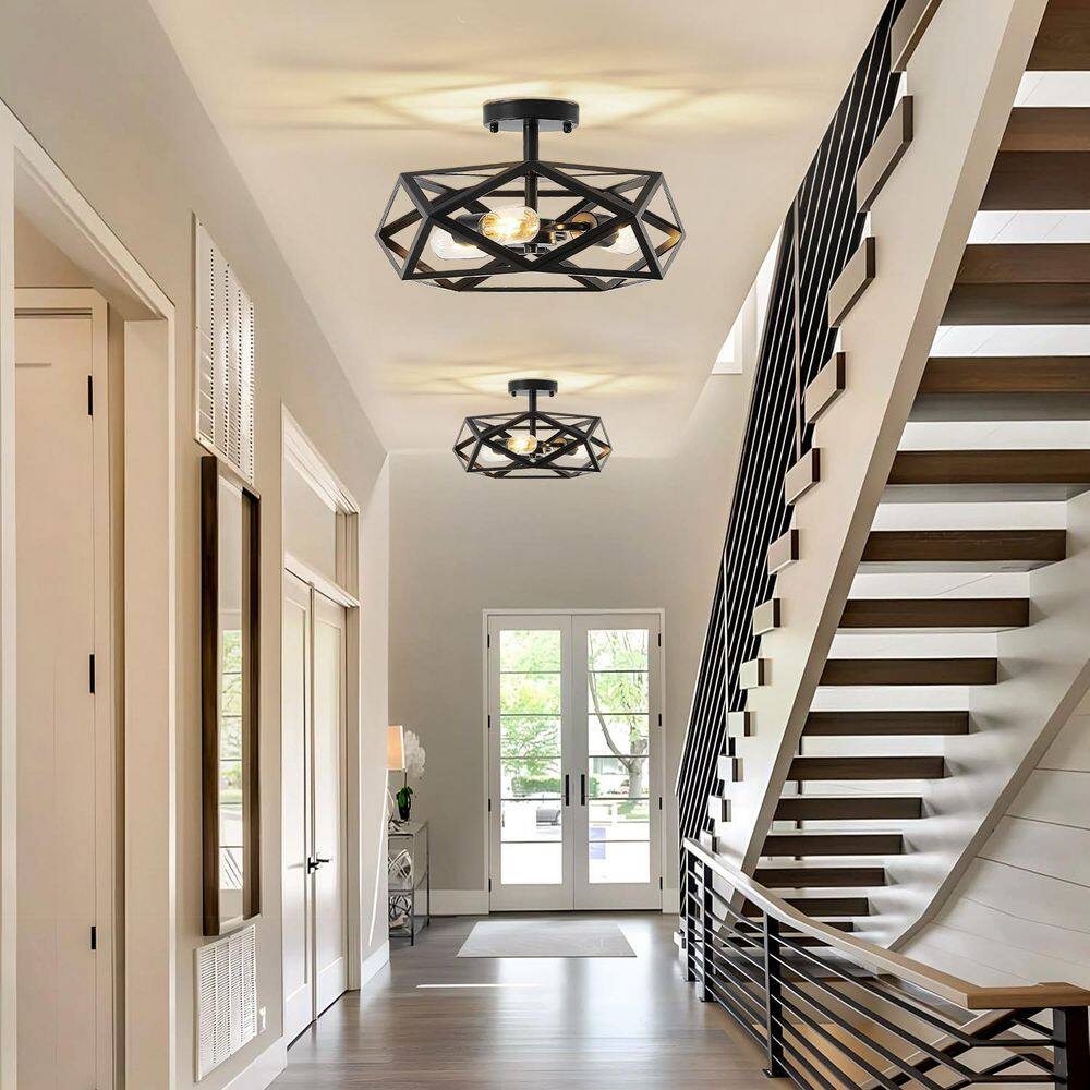 16.1 in. 3-Light Black Geometric Semi Flush Mount Ceiling Light with No Bulbs Included - Hercitys
