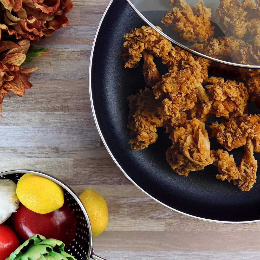 16 in. Red Aluminum Deep Fryer Frying Pan with Glass Lid - Hercitys