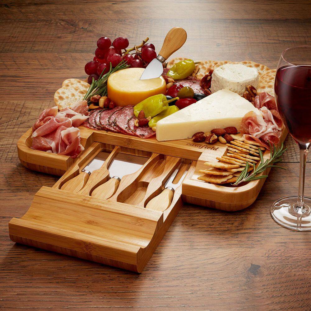 12.5 in. Traditional Natural Brown Bamboo Cheese Board and Charcuterie Gift Set with Cheese Knives - Hercitys