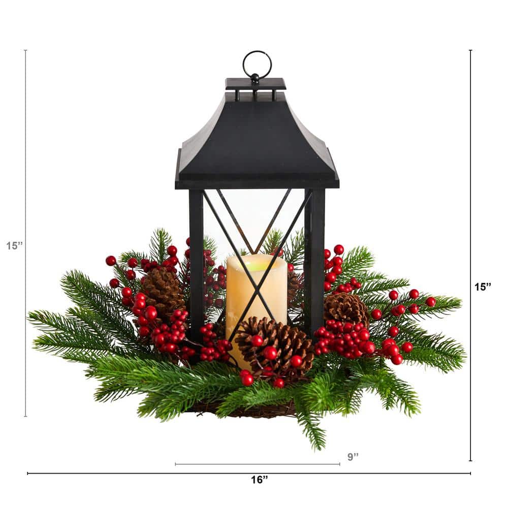 16 in. Unlit Holiday Christmas Berries, Pinecones and Greenery with Lantern and LED Candle Artificial Table Arrangement - Hercitys