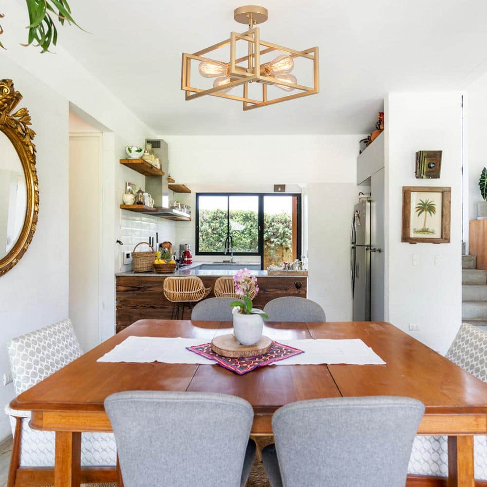 14.96 in. 4-Light Gold Farmhouse Square Frame Semi-Flush Mount Ceiling Light Fixture with Metal Shade - Hercitys