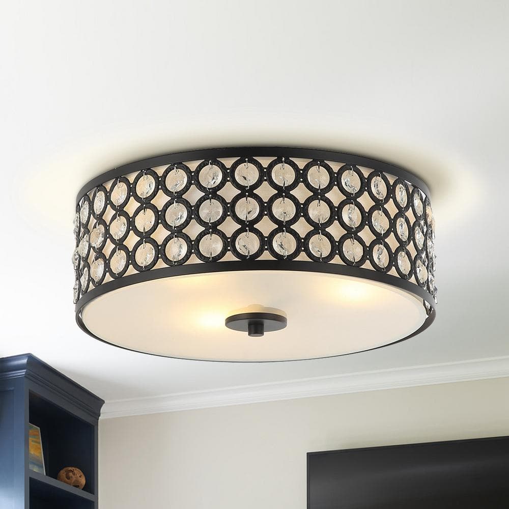 14 in. 3-Light Black Drum Flush Mount Crystal Ceiling Light with Clear Inner Shade - Hercitys