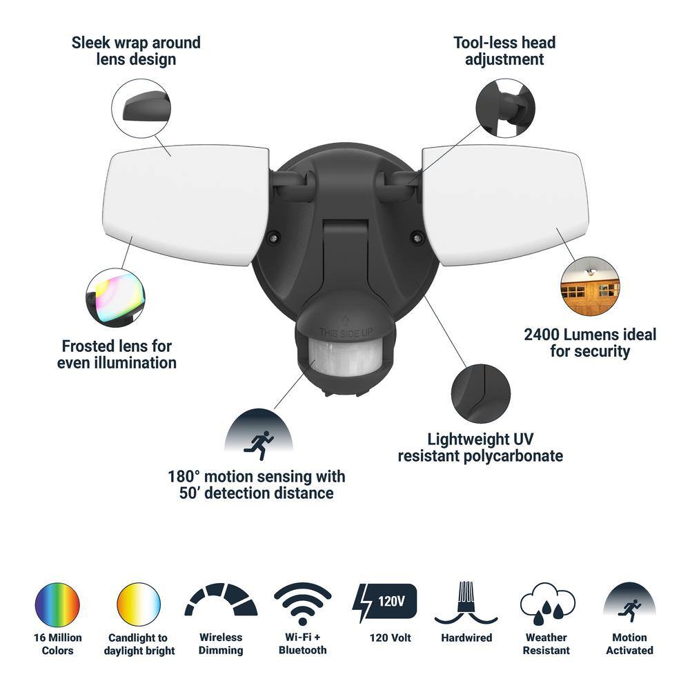 180-Watt equivalent 2400 Lumen 180° ESF WiZ Motion Flood Black Integrated LED Flood Light - Hercitys