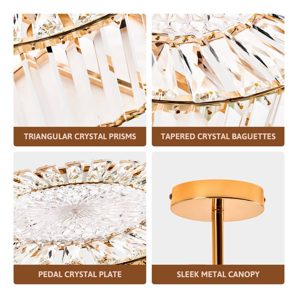 15 in. 4-Light Gold Crystal Semi Flush Mount Ceiling Light With Clear Glass Shade - Hercitys