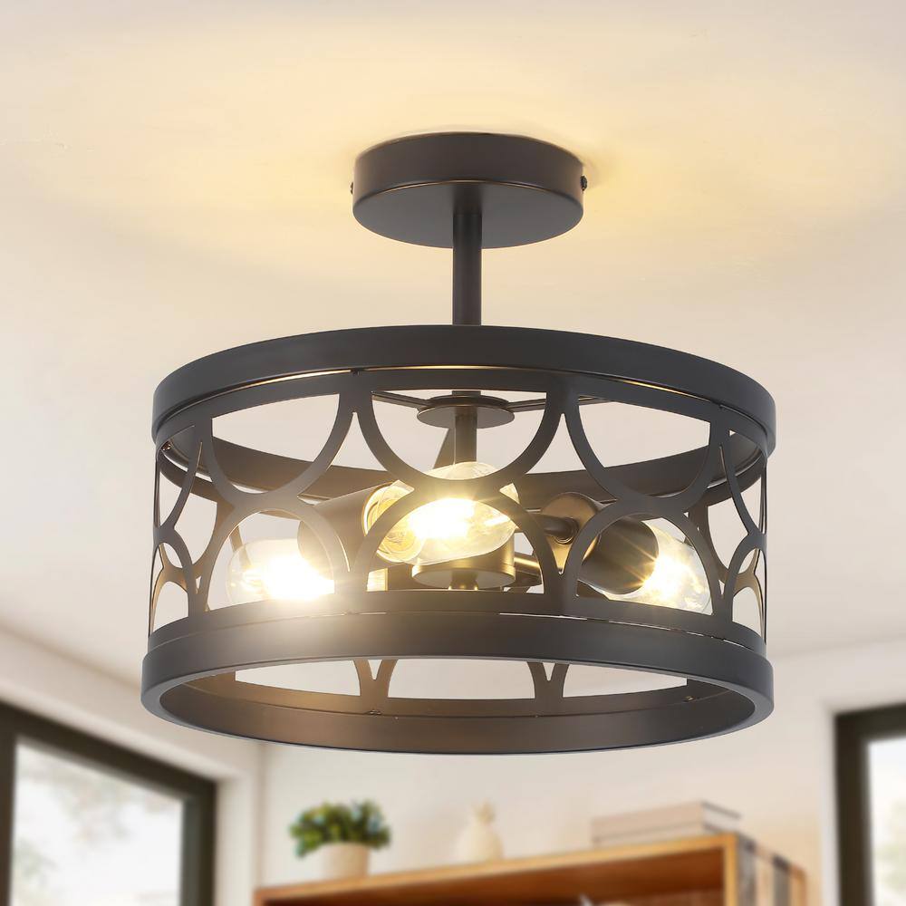12.6 in. 3-Light Black Semi Flush Mount Ceiling Light Fixture With No Bulbs Included - Hercitys