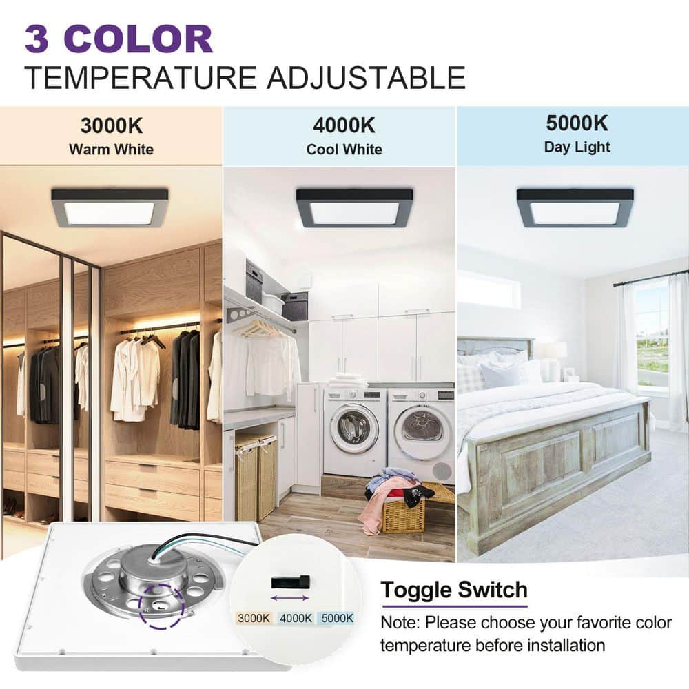 12 in. Black Square New Ultra-Low Profile Integrated LED Flush Mount Ceiling Light 3000K-5000K 3CCT Selectable - Hercitys