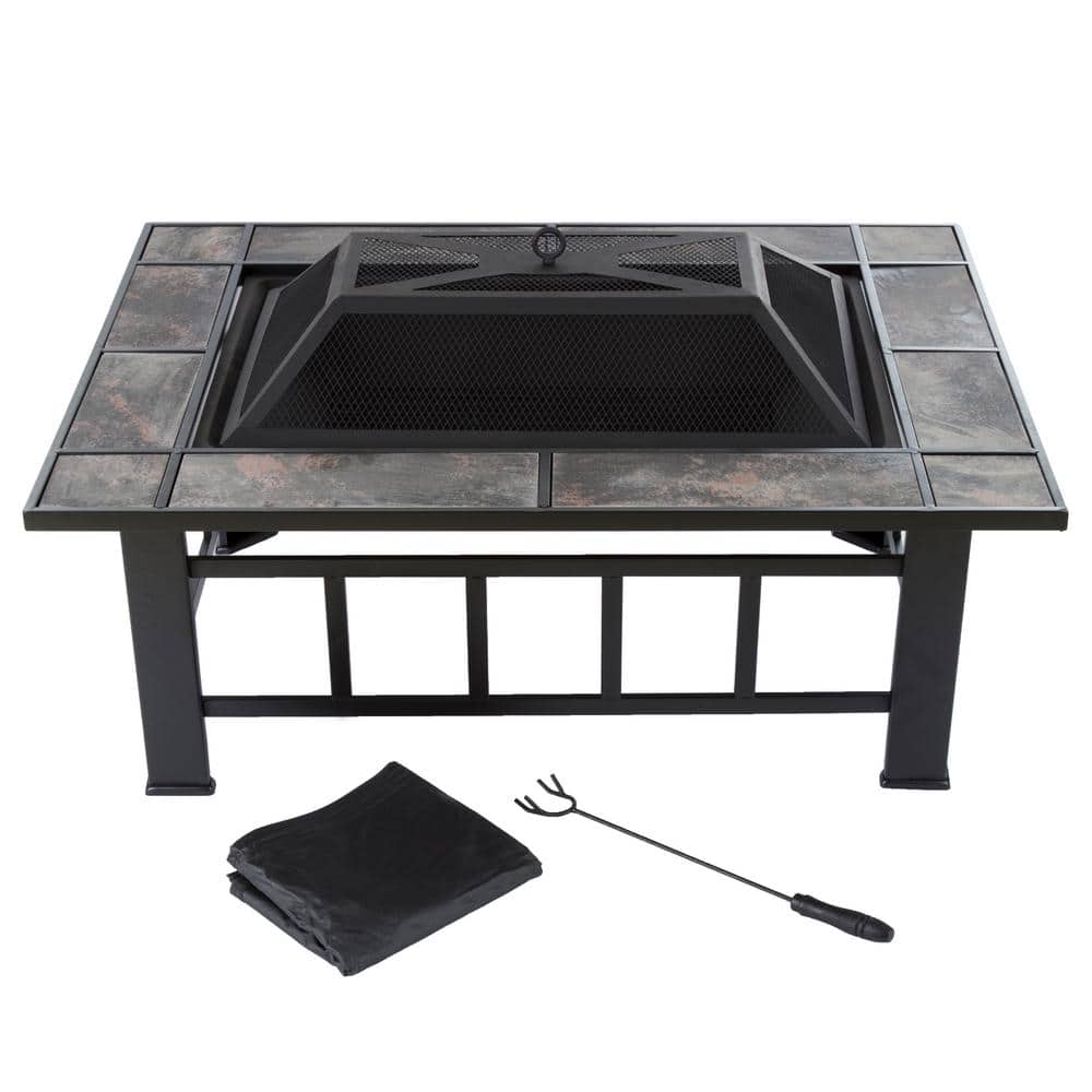 37 in. Steel Rectangular Tile Fire Pit with Cover - Hercitys