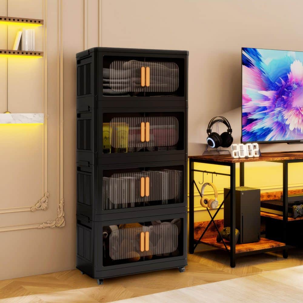 4-Tier Plastic Collapsible Storage Cabinet on Wheels, Storage Bins Closet Organizer with Magnetic Door, Black - Hercitys