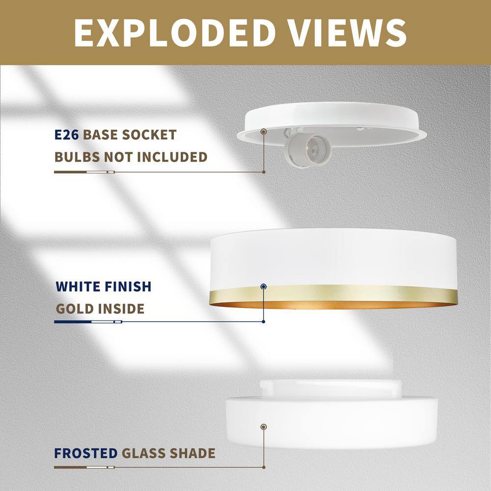 13.8 in. 1-Light White and Gold Flush Mount with Frosted Glass Shade - Hercitys